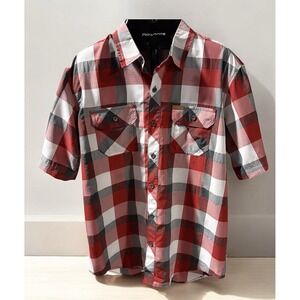 Orvis Mens Red Gray Plaid Short Sleeve Tech Camp Hiking Button Front Shirt Sz L